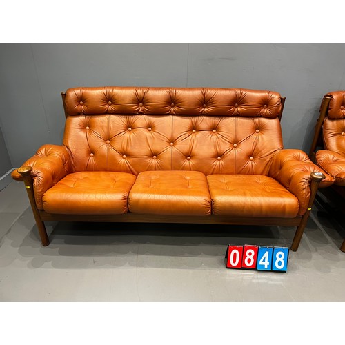 848 - Guy rogers mid century leather 3 seater sofa + chair