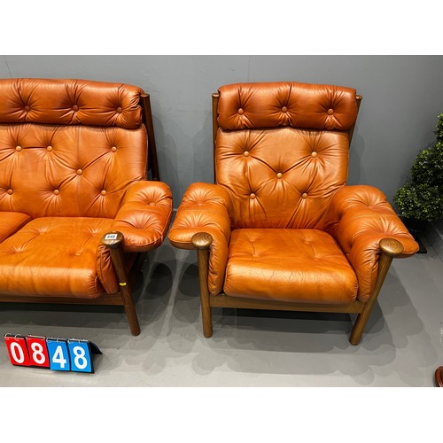 848 - Guy rogers mid century leather 3 seater sofa + chair