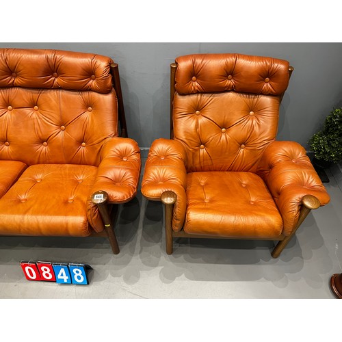 848 - Guy rogers mid century leather 3 seater sofa + chair