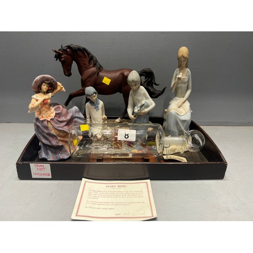8 - Mary rose ship in bottle + 4 figures + horse