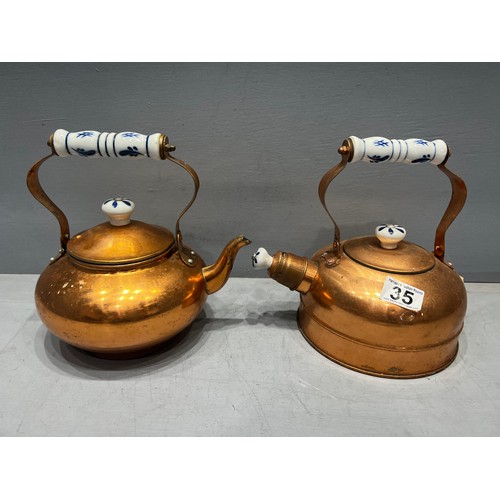 35 - 2x Copper kettle & tea pot with ceramic handles