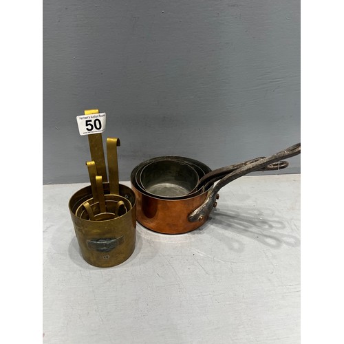 50 - Brass measuring ladles + copper pans with cast handles