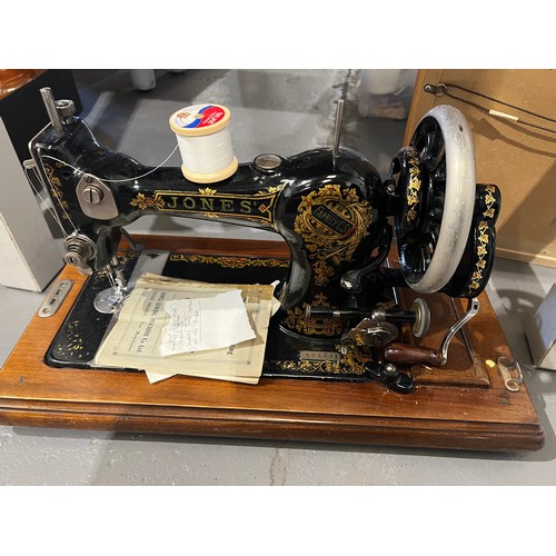 66 - Jones cylinder shuttle sewing machine in wooden case