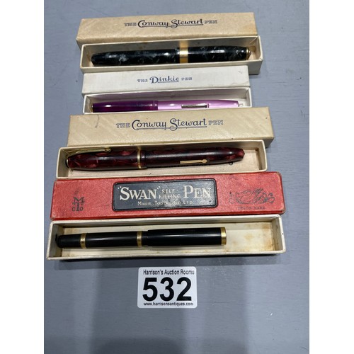 532 - 2 Conway Stewart fountain pens boxed + 1 dinkie fountain pen + 1 swan fountain pen boxed