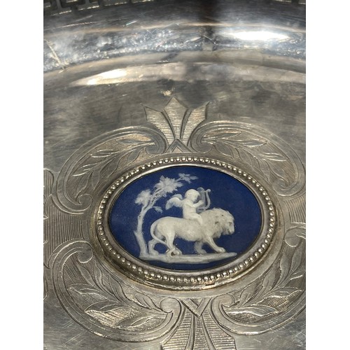 544 - Silver plate dish with handle having Wedgwood centre piece