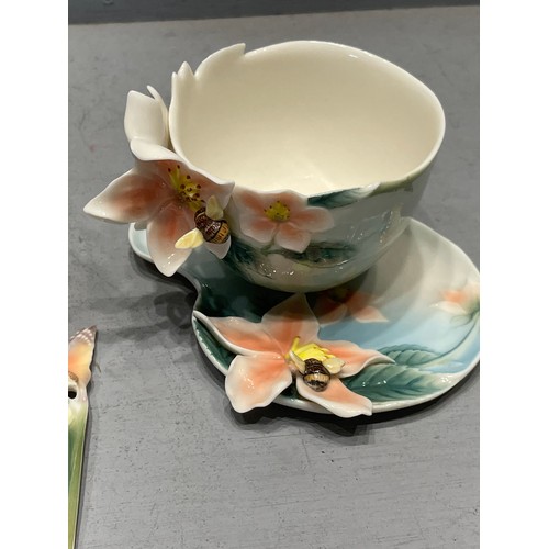 562 - Franz porcelain milk jug + bee cup & saucer + spoon spoon A/F