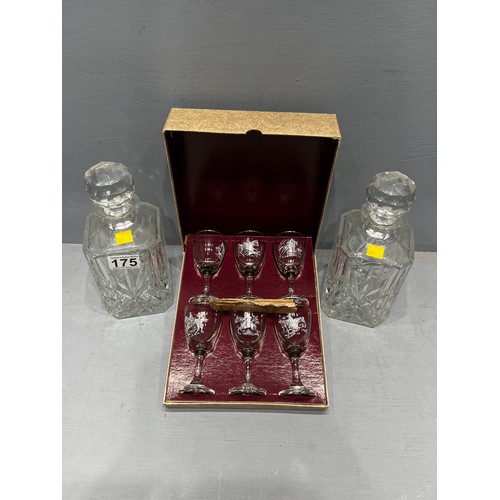 175 - 2 Cut glass decanters + set 6 boxed glasses