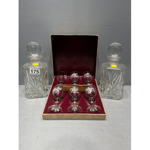 175 - 2 Cut glass decanters + set 6 boxed glasses