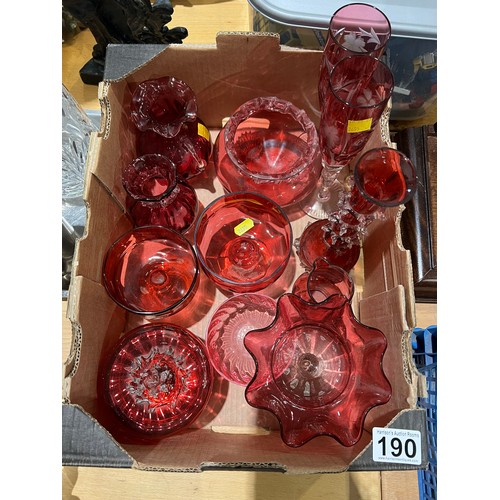 190 - Box cranberry glass dishes vases etc