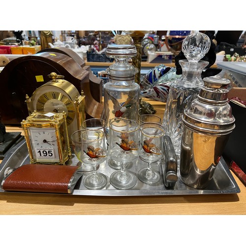 195 - 2 Brass carriage clocks, cocktail shaker, decanters, glass etc