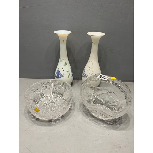 222 - Pair opaline glass vases + cut glass basket & bowl