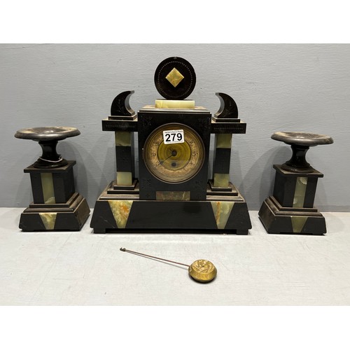 279 - Slate mantle clock garniture set