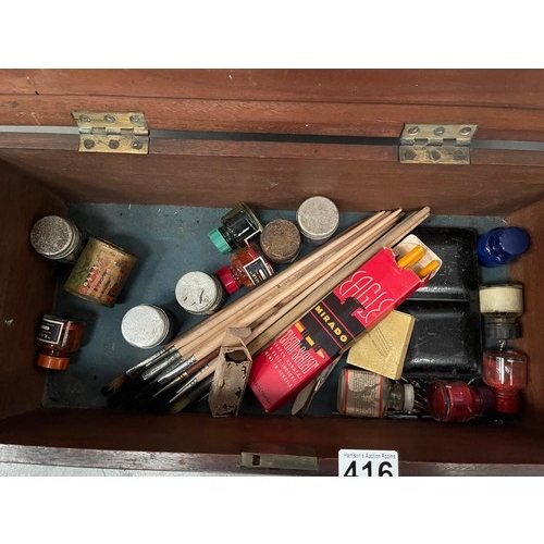 416 - Wooden box with artist brushes etc