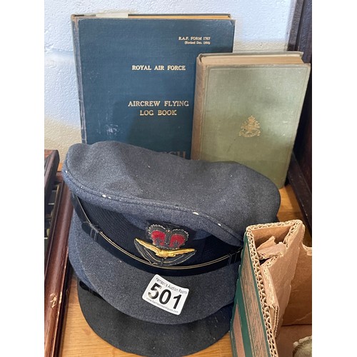 501 - Royal air force flying log book + Sherwood foresters in the great war book 1914-1919 + 2 RAF hats