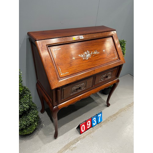 937 - Rosewood bureau with mother of pearl inlay & carved handles