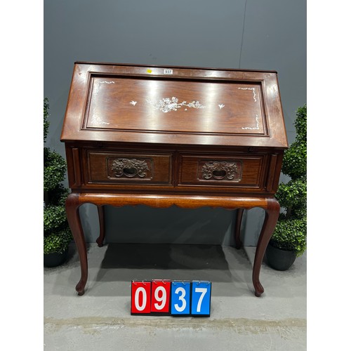 937 - Rosewood bureau with mother of pearl inlay & carved handles