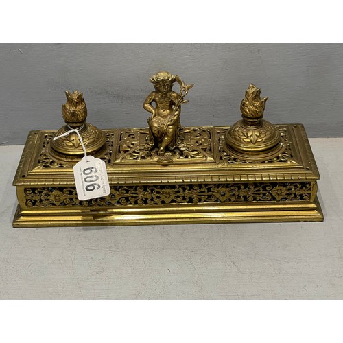 606 - Heavy brass desk inkwell stand