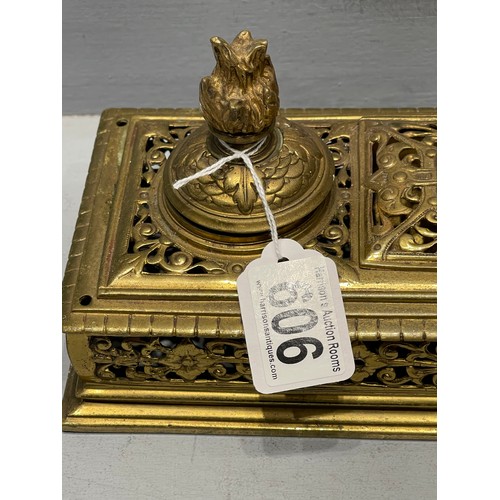 606 - Heavy brass desk inkwell stand