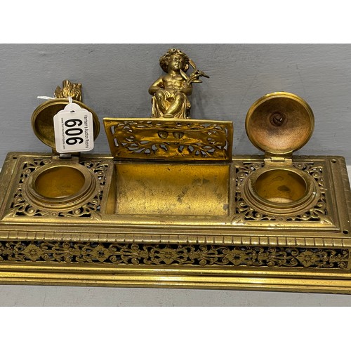 606 - Heavy brass desk inkwell stand