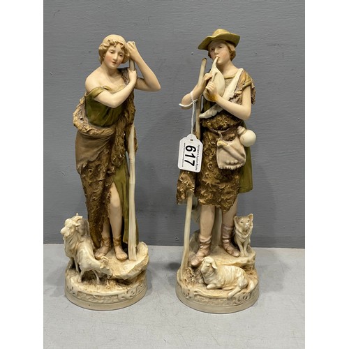 617 - Pair royal dux figures maiden & shepherd circa 1890 damage to flute on shepherd