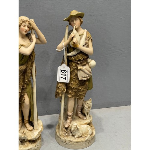 617 - Pair royal dux figures maiden & shepherd circa 1890 damage to flute on shepherd