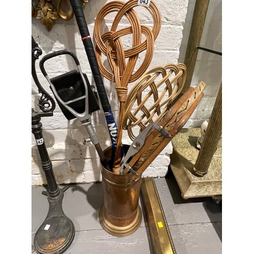 643 - Copper stick stand + carpet beaters shooting stick etc