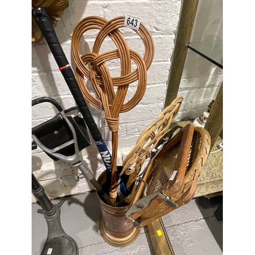 643 - Copper stick stand + carpet beaters shooting stick etc