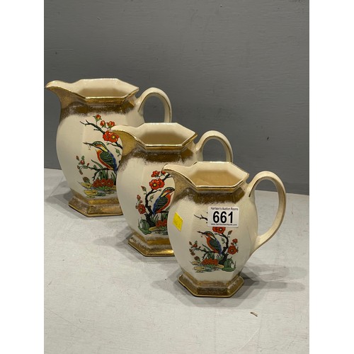 661 - Set 3 kingfisher design deco jugs