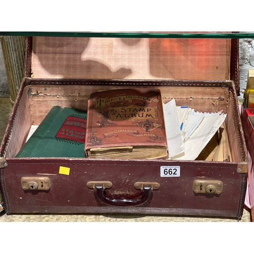 662 - Vintage leather suitcase + stamp albums