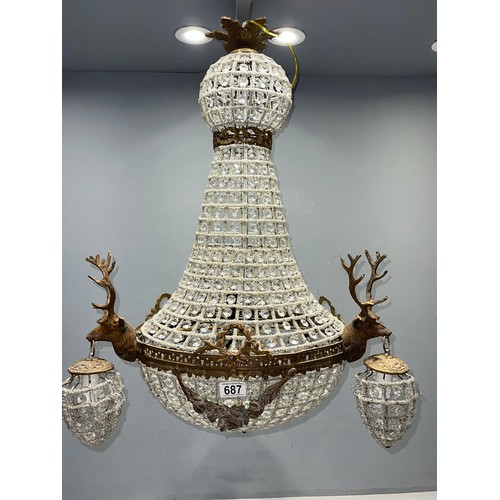 687 - Large chandelier with 3 stags heads holding smaller lights