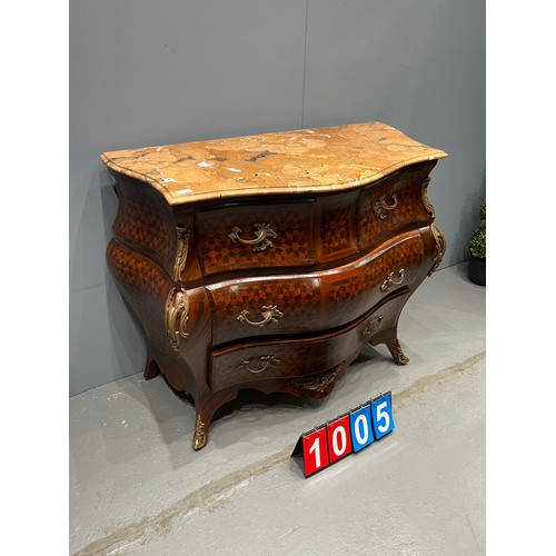 1005 - French inlaid marble top empire chest with gilt mount