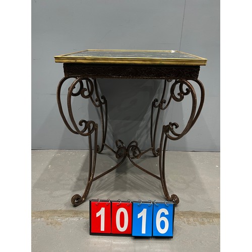 1016 - French wrought iron based marble top table . marble A/F