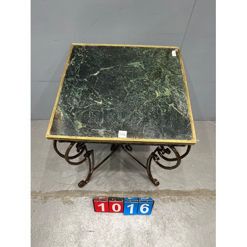 1016 - French wrought iron based marble top table . marble A/F