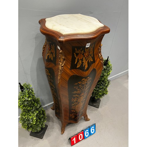 1066 - Superb tall French marble top stand marquetry inlaid marble A/F on corner