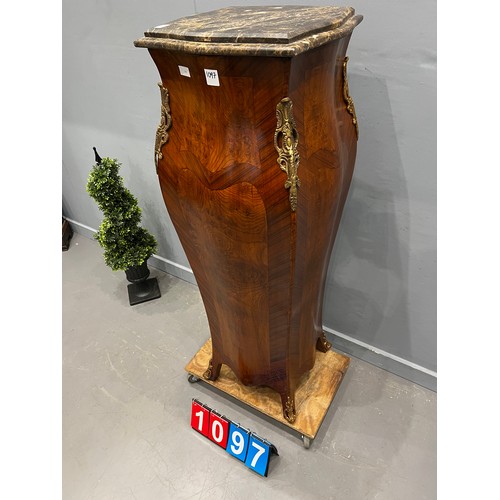 1097 - Marble top French walnut tall stand impressive