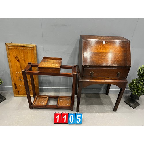 1105 - Oak bureau + key rack + trolley stand