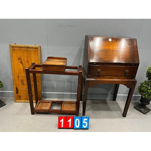 1105 - Oak bureau + key rack + trolley stand