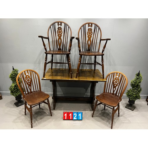 1121 - Set of 4 wheel back chair + refectory oak table