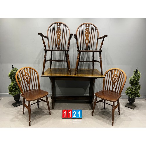 1121 - Set of 4 wheel back chair + refectory oak table