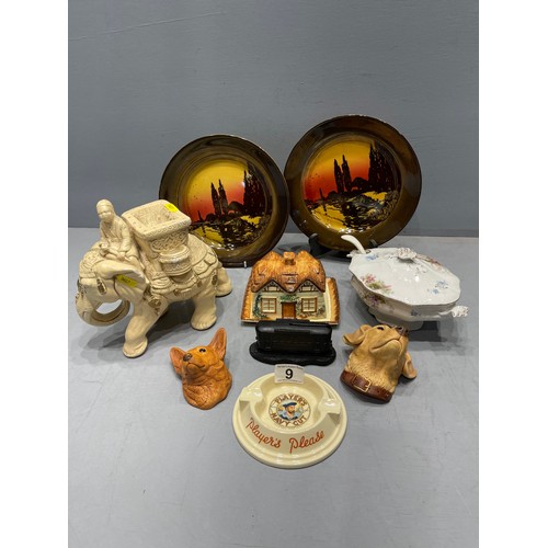 9 - Box collectable pottery bosson's dog heads doulton wall plates, players ash tray etc