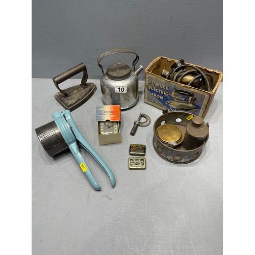 10 - Interesting collection vintage kitchen wave, iron , kettle, grater, gramophone needles etc