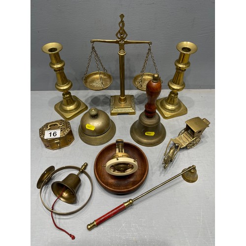 16 - Quantity brass ware, bells, candle sticks, scales etc