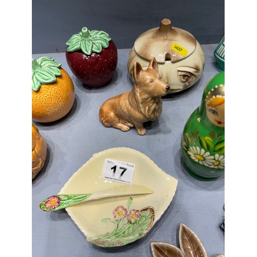 17 - Quantity collectables sylvac dog sylvac fruit pots, wade, Russian 5 tier doll