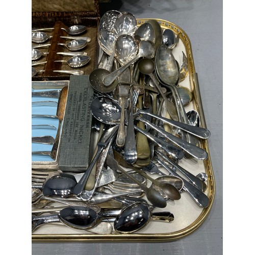 18 - Large silver plated tray + quantity cutlery etc