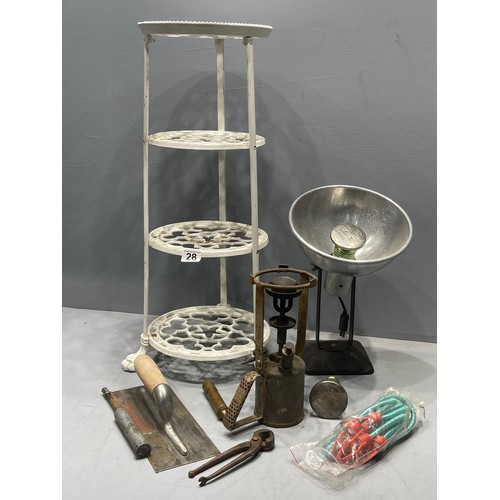 28 - Cast iron pan stand + 2 boxes misc scales weights etc