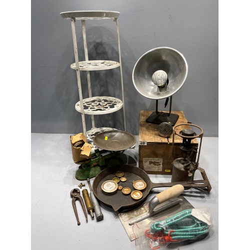 28 - Cast iron pan stand + 2 boxes misc scales weights etc