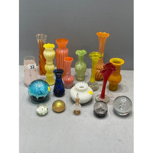 32 - Quantity coloured glass vases, paperweights etc