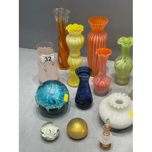 32 - Quantity coloured glass vases, paperweights etc
