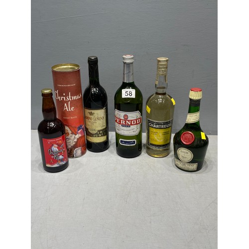 58 - 5 Bottles assorted drink Pernod, benedictine, ale, wine unopened