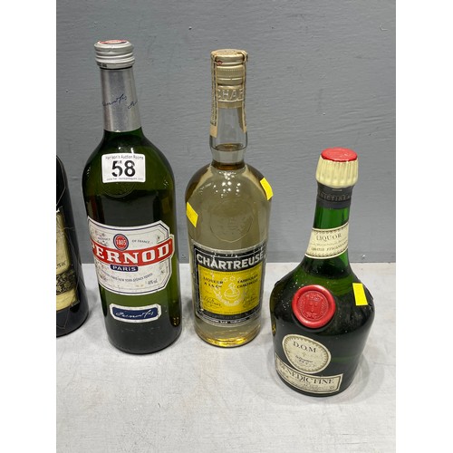 58 - 5 Bottles assorted drink Pernod, benedictine, ale, wine unopened